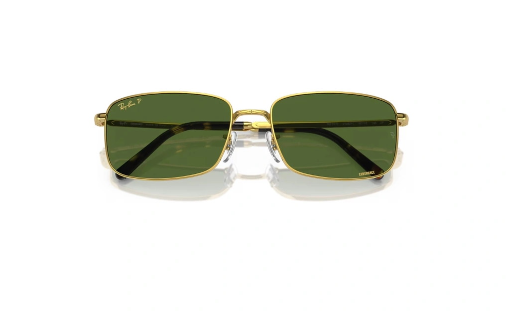 عینک آفتابی پلاریزه مستطیلی ری بن فریم فلزی طلایی براق به همراه عدسی سبز پلاریزه - عکس از زاویه بسته عینک