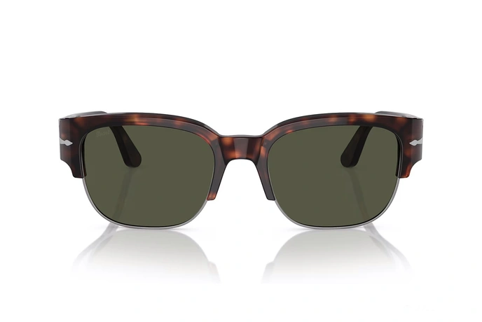 عینک آفتابی پرسول فریم کائوچویی استات با ابرویی ضخیم به رنگ قهوه ای هاوانا به همراه عدسی سبز - عکس از زاویه روبرو