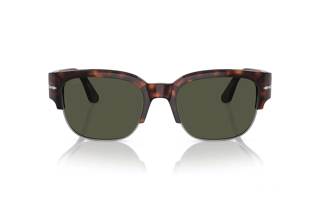 عینک آفتابی پرسول فریم کائوچویی استات با ابرویی ضخیم به رنگ قهوه ای هاوانا به همراه عدسی سبز - عکس از زاویه روبرو