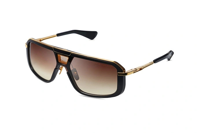 عینک آفتابی دیتا فریم استات مشکی مدل شبه خلبانی ترکیب با تیتانیوم طلایی و پاد طلایی رنگ به همراه عدسی قهوه ای طیف دار - عکس از زاویه سه رخ