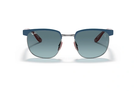 عینک آفتابی ری بن مدل فراری فریم فلزی سورمه ای براق با دسته های قرمز و عدسی آبی طیف دار - عکس از زاویه روبرو