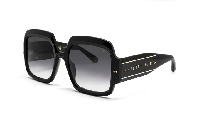 عینک آفتابی زنانه فیلیپ پلین فریم مربعی استات مشکی- دسته ها PLEIN طلایی و عدسی دودی طیف دار - عکس از زاویه سه رخ
