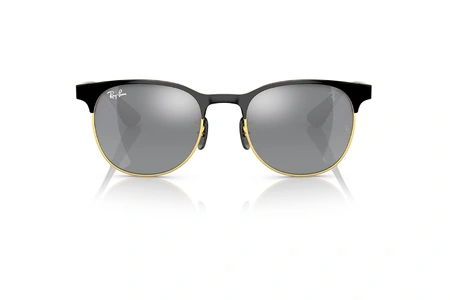 عینک آفتابی ری بن مدل فراری فریم فلزی بین گرد و مربع به رنگ طلایی-مشکی و دسته قرمز به همراه عدسی دودی آینه ای - عکس از زاویه روبرو