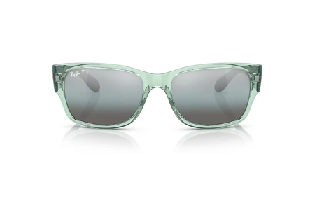 عینک آفتابی پلاریزه مستطیلی ری‌بن فریم کائوچویی سبز شفاف دسته ها سبز براق همراه عدسی آبی جیوه ای - عکس از زاویه روبرو