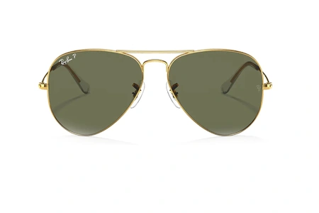 عینک آفتابی ری بن فریم فلزی خلبانی رنگ طلایی براق و عدسی سبز پلاریزه سایز 62 - عکس از زاویه روبرو