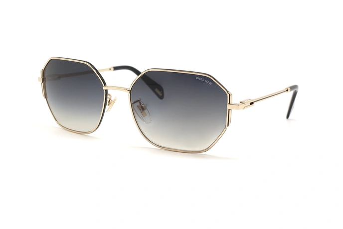 عینک آفتابی پلیس فریم فلزی طلایی چند ضلعی و حدقه آبی نقره ای طیف دار - عکس از زاویه سه رخ