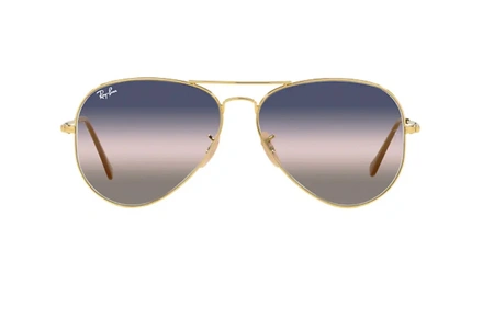 عینک آفتابی خلبانی ری بن - طلایی با عدسی سه رنگ آبی و بنفش - عکس از زاویه روبرو