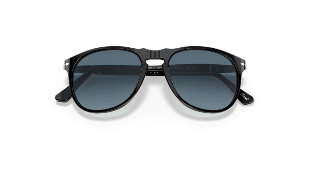 عینک آفتابی پرسول - مشکی با عدسی آبی طیف دار - عکس از زاویه روبرو