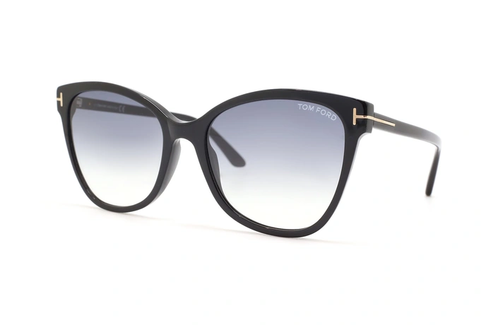 عینک آفتابی زنانه تام فورد فریم گربه ای مشکی طلایی، عدسی دودی طیف دار - عکس از زاویه سه رخ