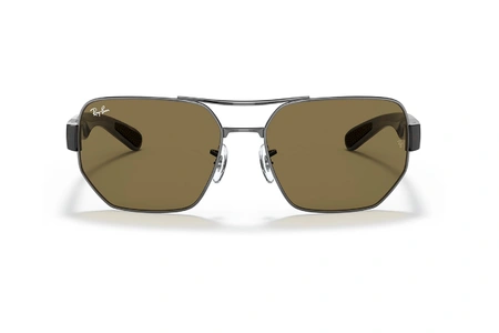 عینک آفتابی فلزی چند ضلعی ری بن -  رنگ فریم مشکی با دسته های قهوه ای هاوانا و عدسی قهوه ای - عکس از زاویه روبرو