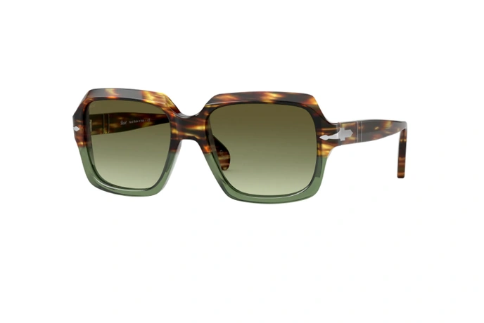 عینک آفتابی کائوچویی پرسول مربعی فریم قهوه ای هاوانا،سبز شیشه ای و عدسی سبز - عکس از زاویه سه رخ 