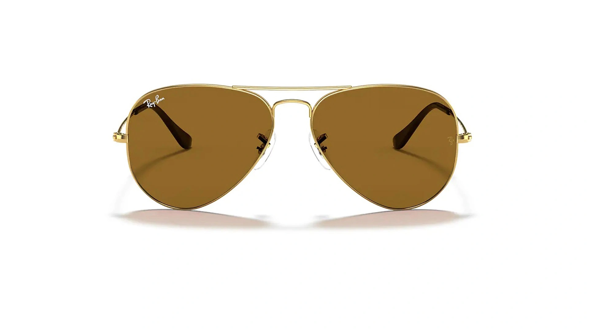 عینک آفتابی خلبانی ری بن - RAYBAN AVIATOR - شیشه قهوه ای بدنه طلایی- عکس از زاویه روبرو