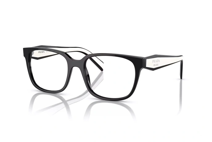 عینک طبی پرادا فریم کائوچویی مربعی از روبرو مشکی به همراه دسته های سفید مشکی با لوگوی PRADA - عکس از زاویه سه رخ