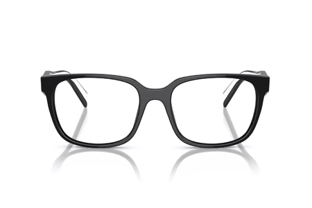 عینک طبی پرادا فریم کائوچویی مربعی از روبرو مشکی به همراه دسته های سفید مشکی با لوگوی PRADA - عکس از زاویه روبرو