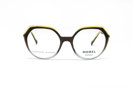 عینک طبی زنانه کوالی فریم کائوچویی گرد به رنگ قهوه‌ای و طوسی شیشه ای و ابرویی زرد - عکس از زاویه روبرو