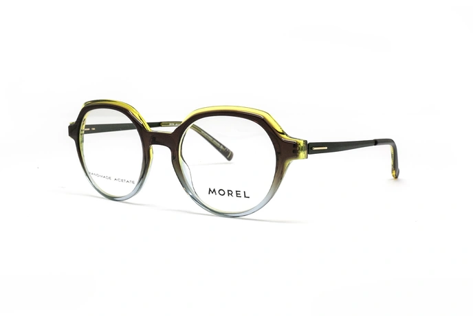 عینک طبی گرد کوالی فریم کائوچویی چند رنگ، زرد، قهوه ای و آبی شفاف - عکس از زاویه سه رخ