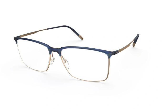 عینک طبی مستطیلی زیرگریف سیلوئت با حدقه آبی و بدنه تیتانیومی طلایی - زاویه سه‌رخ
