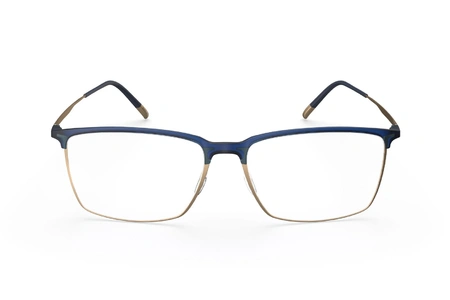 عینک طبی مستطیلی زیرگریف سیلوئت با حدقه آبی و بدنه تیتانیومی طلایی - زاویه روبرو