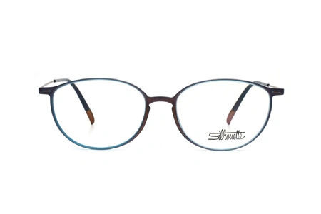 عینک طبی سیلوئت  SPX از بیرون قهوه ای و دور تا دور حدقه ها آبی به همراه دسته های تیتانیومی قهوه ای - عکس از زاویه روبرو