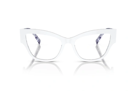 عینک طبی گربه‌ای دولچه و گابانا به رنگ سفید و پترن مدیترانه‌ای آبی دولچه - زاویه روبرو