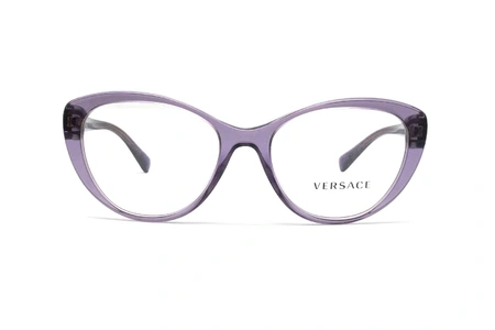 عینک طبی زنانه ورساچه فریم گربه ای بنفش روی دسته لوگو نگین کاری شده - عکس از زاویه روبرو
