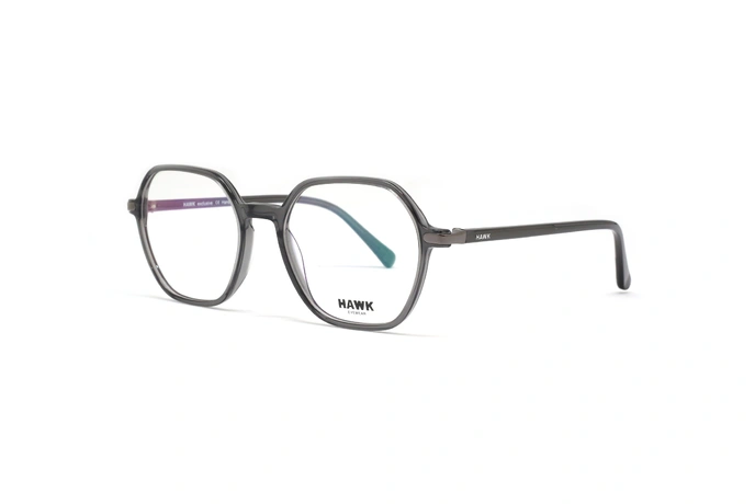 عیک طبی کائوچویی هاوک فریم مربعی به رنگ طوسی شفاف - عکی از زاویه سه رخ