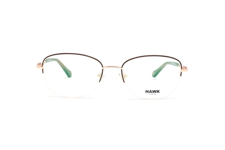 عینک طبی هاوک فریم زیر گریف شبه گربه ای به رنگ رز گلد و با خط ابرویی مشکی - عکس از زاویه روبرو