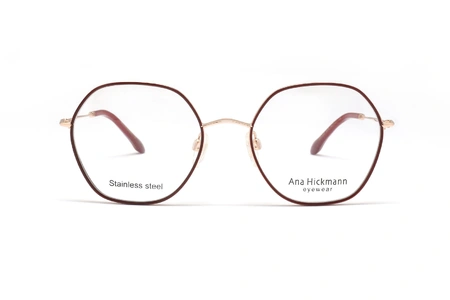 عینک طبی زنانه چندضلعی آناهیکمن با بدنه طلایی و حدقه دور قرمز - روبرو