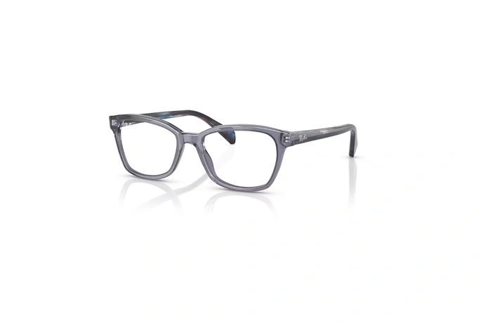 عینک طبی بچگانه ری بن فریم استات مربعی رنگ حدقه ها طوسی آبی شفاف و دسته ها آبی و طوسی هاوانا - عکس از زاویه سه رخ