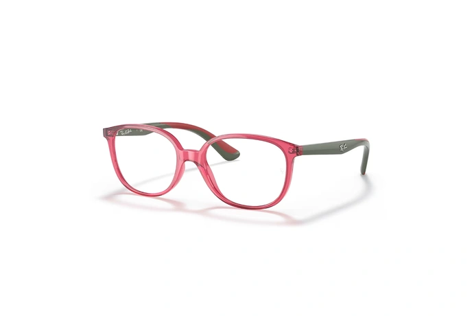 عینک طبی بچگانه ری بن فریم استات مربعی حدقه ها قرمز شفاف و دسته ها قرمز و طوسی - عکس از زاویه سه رخ