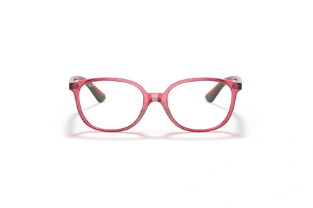 عینک طبی بچگانه ری بن فریم استات مربعی حدقه ها قرمز شفاف و دسته ها قرمز و طوسی - عکس از زاویه روبرو