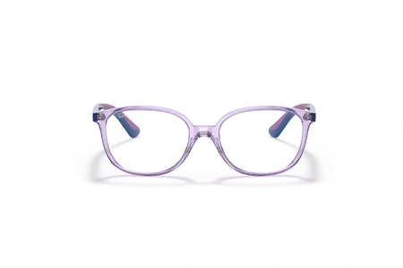 عینک طبی بچگانه ری بن فریم استات مربعی حدقه ها بنفش شفاف و دسته های بنفش و آبی - عکس از زاویه روبرو