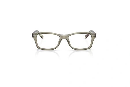 عینک طبی بچگانه ری بن فریم استات مربعی رنگ حدقه ها سبز زیتونی شفاف و دسته های هاوانا - عکس از زاویه روبرو