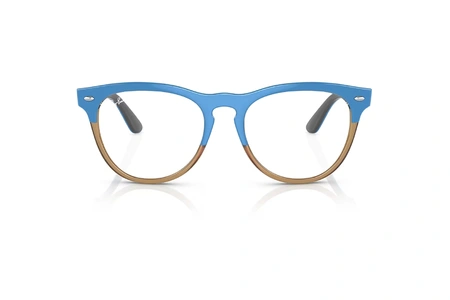 عینک طبی ری بن مدل آیریس فریم کائوچویی گرد دو رنگ آبی براق و قهوه ای عسلی - عکس از زاویه روبرو
