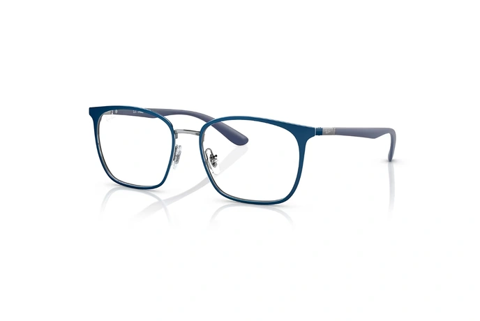 عینک طبی ری بن فریم استیل مربعی رنگ آبی - عکس از زاویه سه رخ