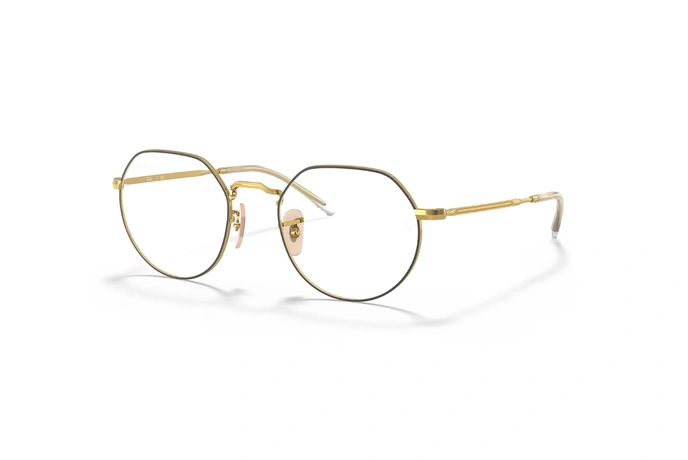 عینک طبی ری بن مدل جک فریم فلزی طلایی و حدقه های گرد زاویه دار - عکس از زاویه سه رخ