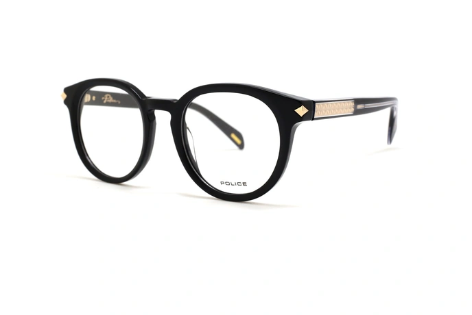 عینک طبی پلیس فریم کائوچویی گرد مشکی و دسته های طلایی کار شده - عکس از زاویه سه رخ