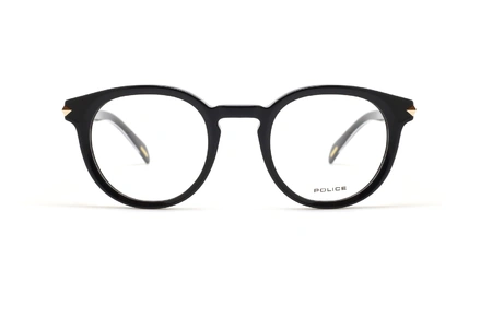 عینک طبی پلیس فریم کائوچویی گرد مشکی و دسته های طلایی کار شده - عکس از زاویه روبرو