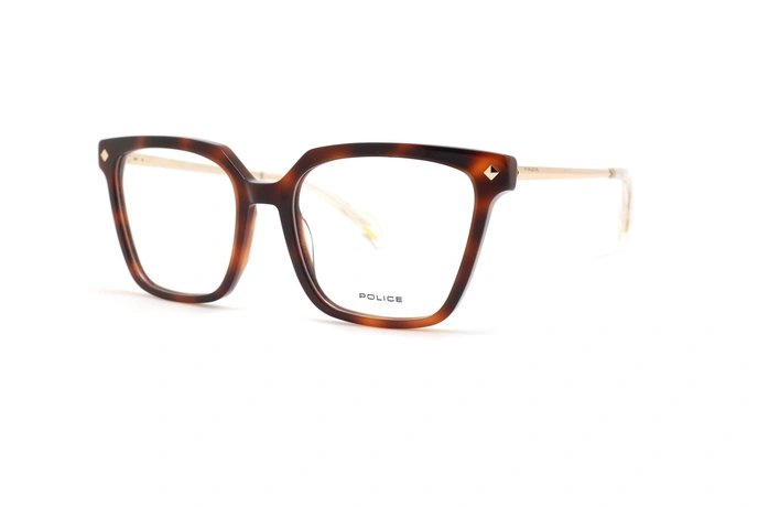 عینک طبی زنانه پلیس فریم کائوچویی مربعی زاویه دار به رنگ قهوه ای هاوانا و دسته فلزی طلایی - عکس از زاویه سه رخ