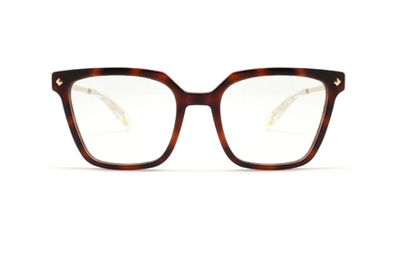 عینک طبی زنانه پلیس فریم کائوچویی مربعی زاویه دار به رنگ قهوه ای هاوانا و دسته فلزی طلایی - عکس از زاویه روبرو