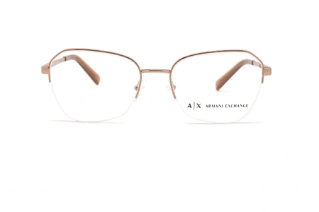 عینک طبی زنانه آرمانی اکسچنج فریم فلزی گربه ای و ابرویی زاویه دار و زیر گریف طلایی رنگ - عکس از زاویه روبرو