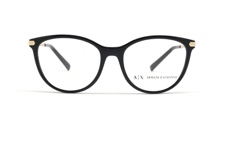 عینک طبی زنانه آرمانی اکسچنج فریم کائوچویی گربه ای رنگ مشکی با دسته های طلایی - عکس از زاویه روبرو