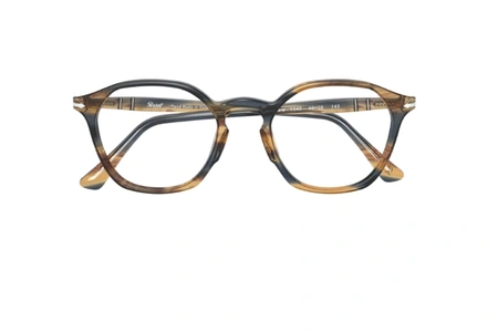 عینک طبی کائوچویی پرسول فریم چند ضلعی ترکیبی از رنگ طوسی و قهوه ای هاوانا - عکس از زاویه روبرو