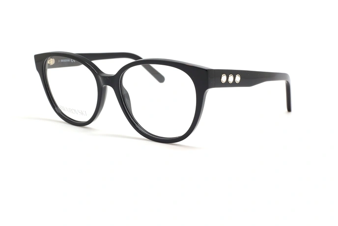 عینک طبی زنانه سواروسکی فریم کائوچویی بیضی رنگ مشکی روی دسته نگین کاری شده - عکس از زاویه سه رخ