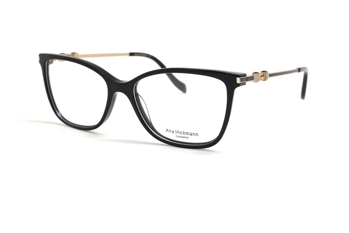 عینک طبی زنانه آناهیکمن فریم کائوچویی گربه ای - مشکی با دسته های طلایی - عکس از زاویه سه رخ