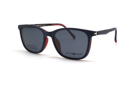 عینک طبی سنترو استایل رویه دار فریم کائوچویی مربعی رنگ مشکی و قرمز و دو رویه آفتابی - عکس از زاویه سه رخ با رویه آفتابی دودی