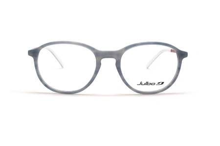 عینک طبی جولبو فریم کائوچویی بیضی، حدقه ها طوسی هاوانا و دسته ها آبی و جگری - عکس از زاویه روبرو