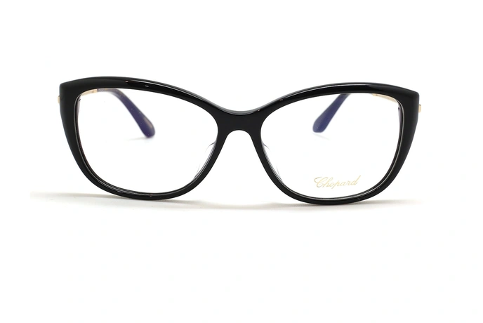 عینک طبی زنانه شوپارد فریم گربه ای کائوچویی مشکی ، دسته ها طلایی نگین دار رنگی - عکس از زاویه روبرو