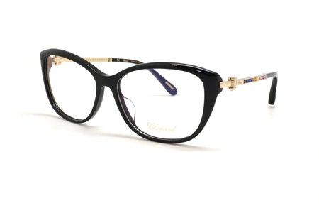 عینک طبی زنانه شوپارد فریم گربه ای کائوچویی مشکی ، دسته ها طلایی نگین دار رنگی - عکس از زاویه سه رخ