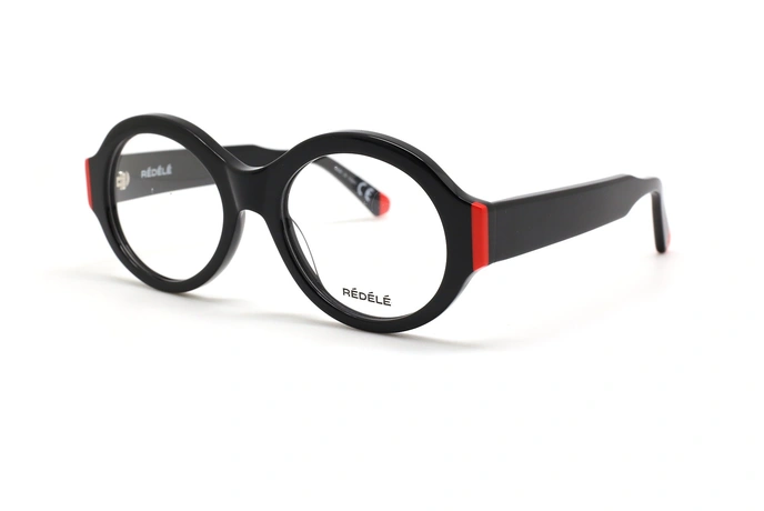 عینک طبی REDELE فریم کائوچویی بیضی خاص رنگ مشکی و گوشه های قرمز - عکس از زاویه سه رخ